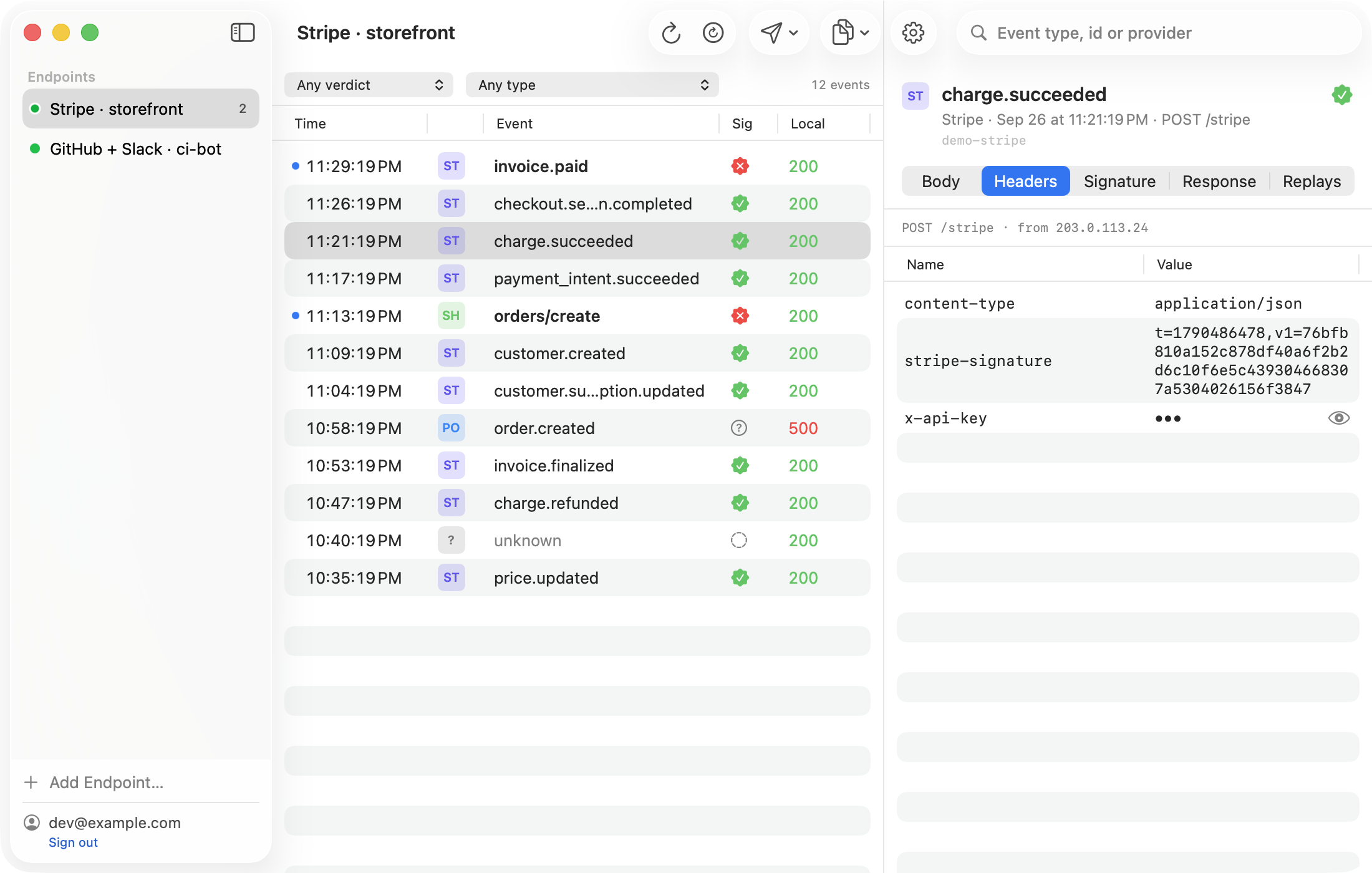 WebhookMon's Headers tab for a captured event, listing each request header name and value exactly as received, next to an event list with signature and local response columns